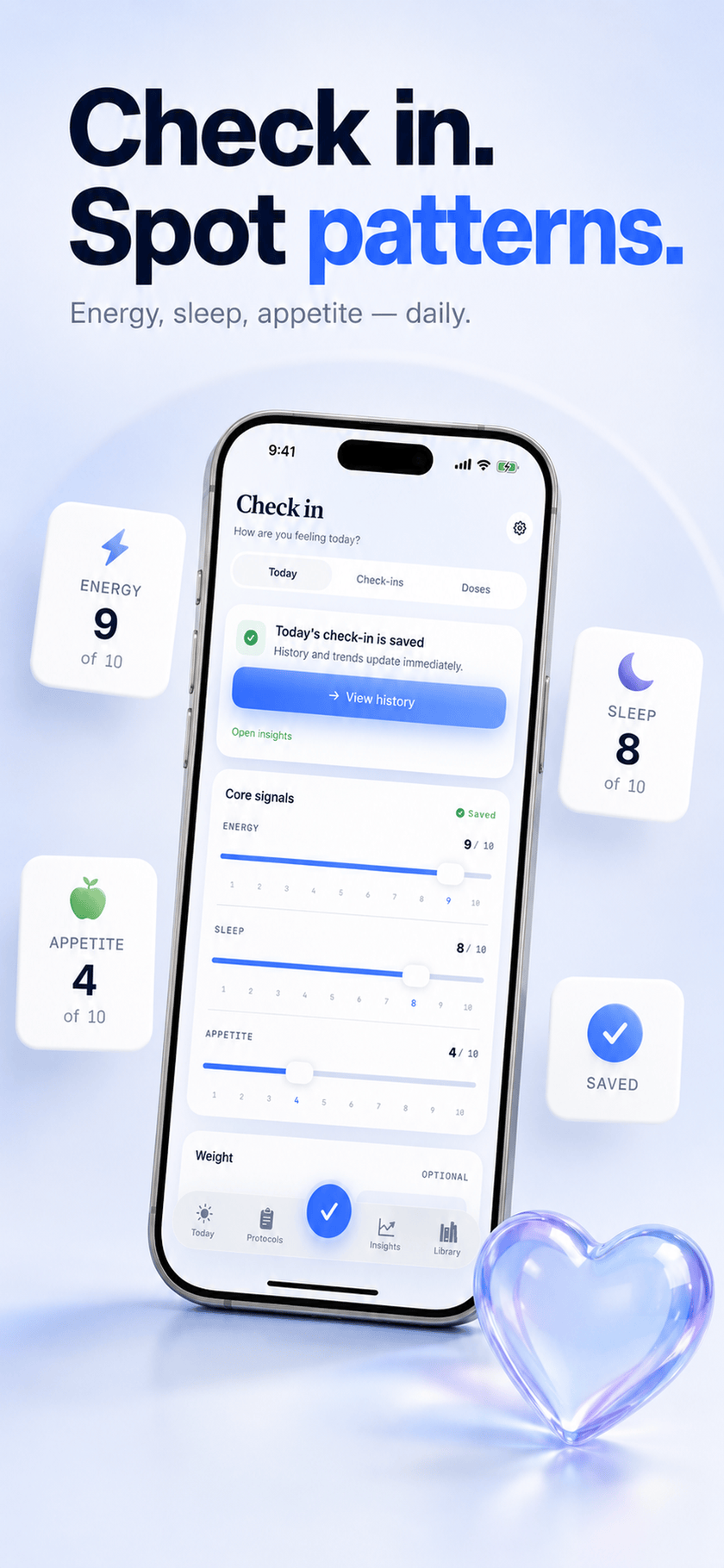 App Store screenshot: Peptide Protocol daily check-in with core signals saved — Energy 9/10, Sleep 8/10 and Appetite 4/10 — captioned ‘Check in. Spot patterns.’