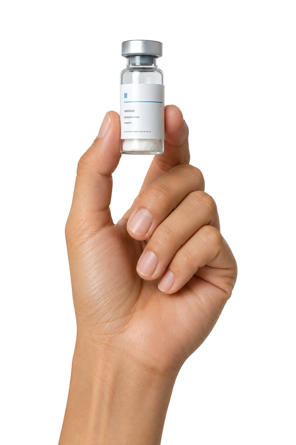 A hand holding a reconstituted peptide vial with a silver flip-off cap