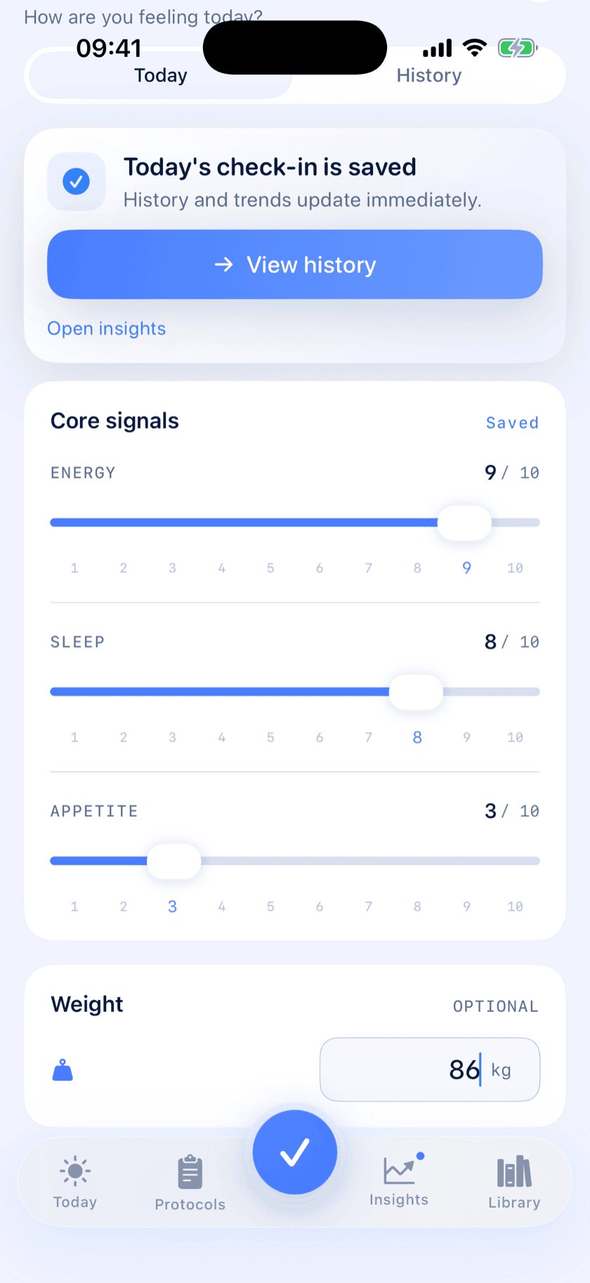 Peptide Protocol daily check-in with core signals saved — Energy 9/10, Sleep 8/10 and Appetite 4/10