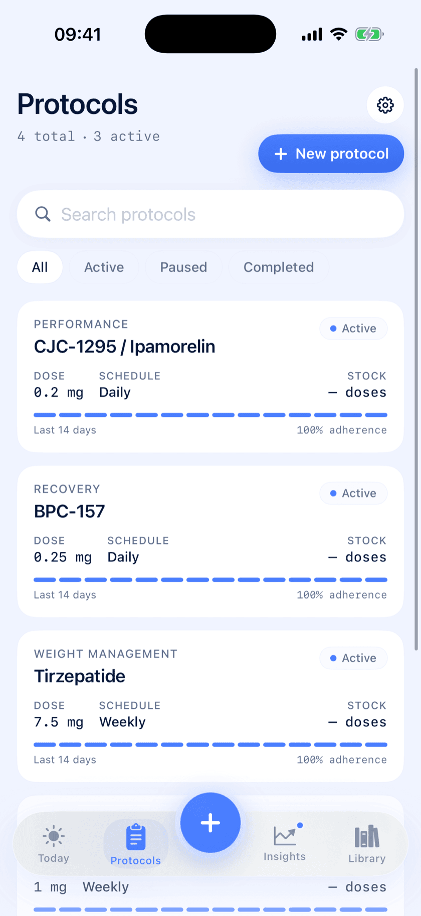 Peptide Protocol new-protocol setup on iPhone with an overdue BPC-157 joint-recovery dose and 0 of 3 doses done today