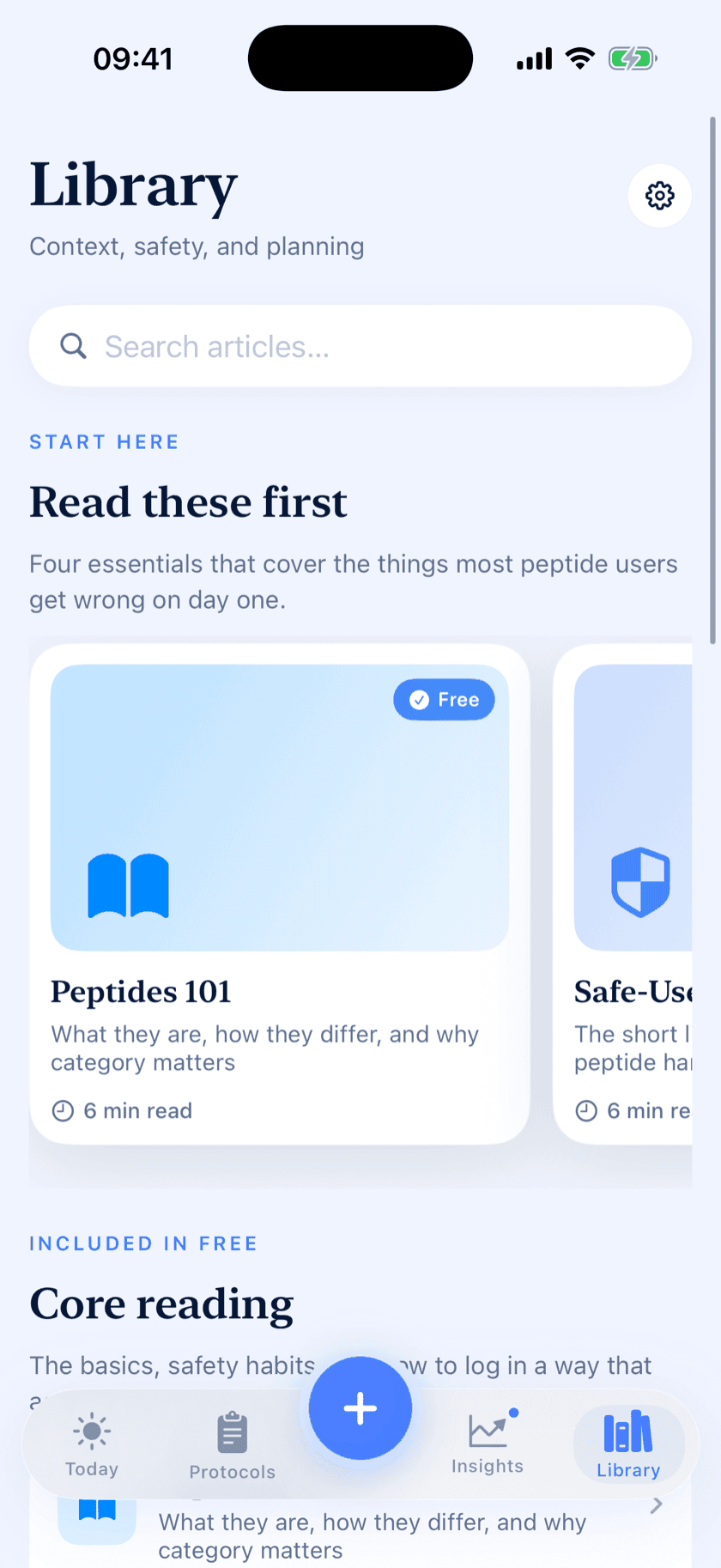Peptide Protocol research library with 30+ peptides searchable by dosing, mechanism and sources, and a featured 6-minute Peptides 101 read