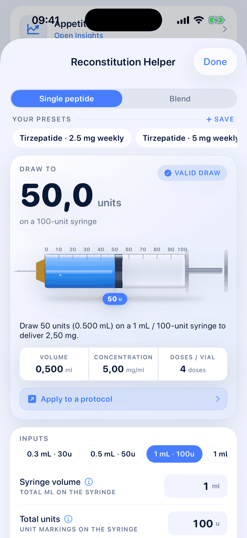 Peptide Protocol reconstitution helper showing a 10.0-unit draw on a 100-unit insulin syringe — 0.100 mL at 2.50 mg/ml, 20 doses per vial