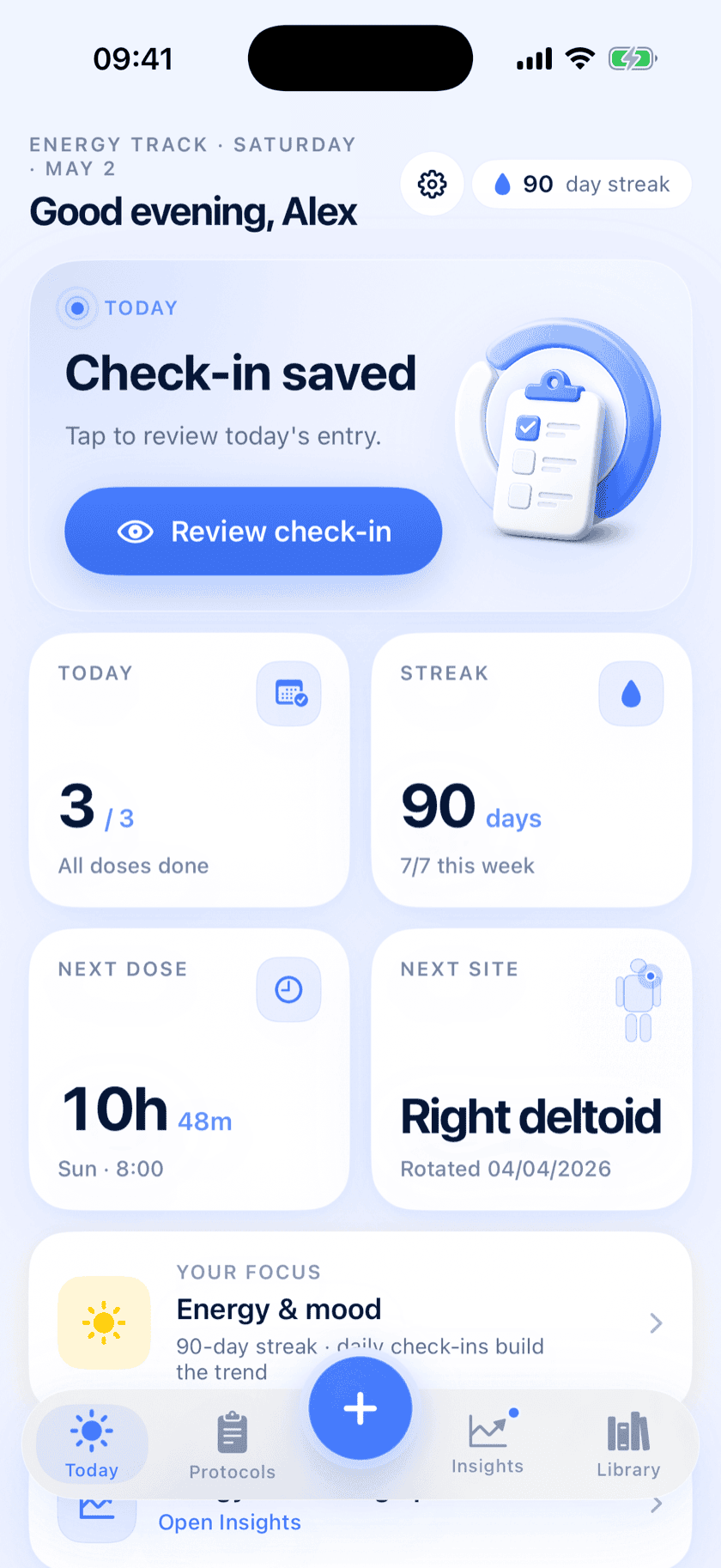 Peptide Protocol Today screen on iPhone — 3 of 3 doses done, a 90-day streak, next dose in 10h and Right deltoid up next