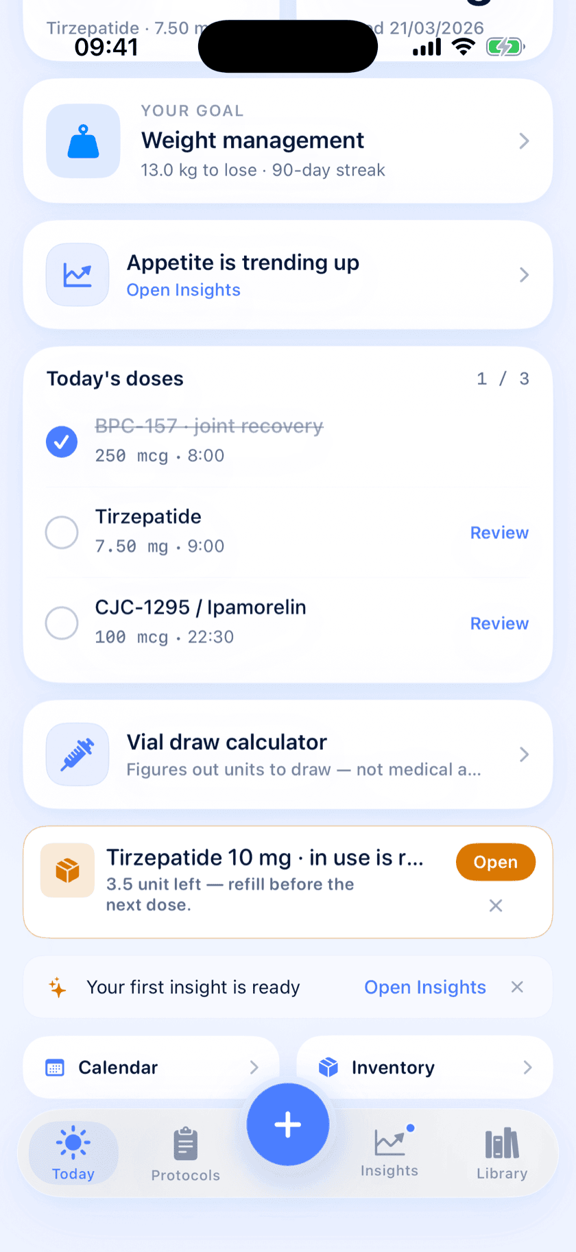 Peptide Protocol vial inventory with about 7 doses left of BPC-157, 13.5 mg of Tirzepatide across 2 vials and a Refill soon flag